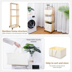 Homde Laundry Basket 3 Tier Bamboo Storage Shelf with Wheels Removable Container with Handle Freestanding Clothes Hamper Organizer for Bathroom Living Room Bedroom (Natural)