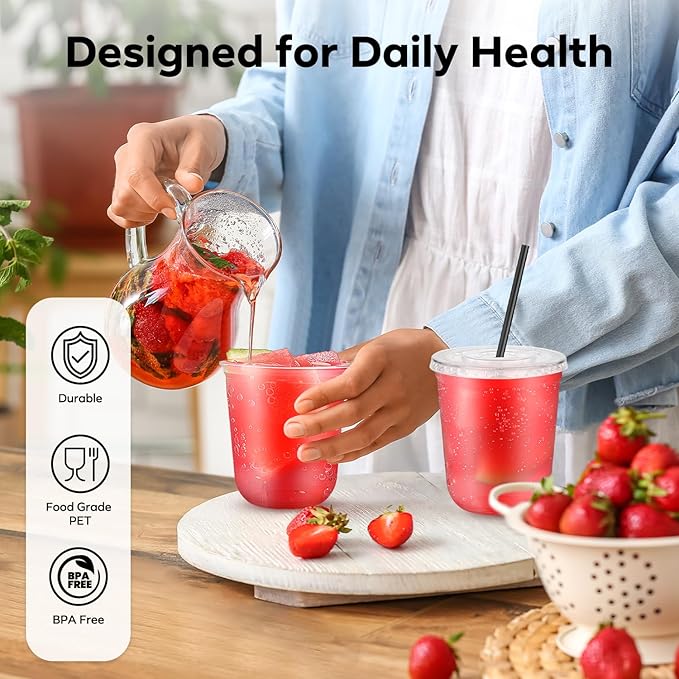 100 Pack 12 oz Clear Plastic Cups with Flat Lids and Straws, Disposable Iced Coffee To Go Cups, Plastic Smoothie Cold Drink Cup for Party, Picnic, Travel