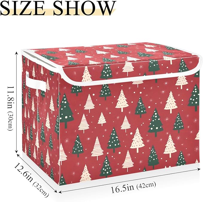 Large Storage Bins with Linen Collapsible Foldable Storage Cubes Fabric Closet Organizer Containers box with Flip-Top Lid for Home Bedroom Office 16.7 x 12.6 x 11.8in (Linen-red Christmas Trees)