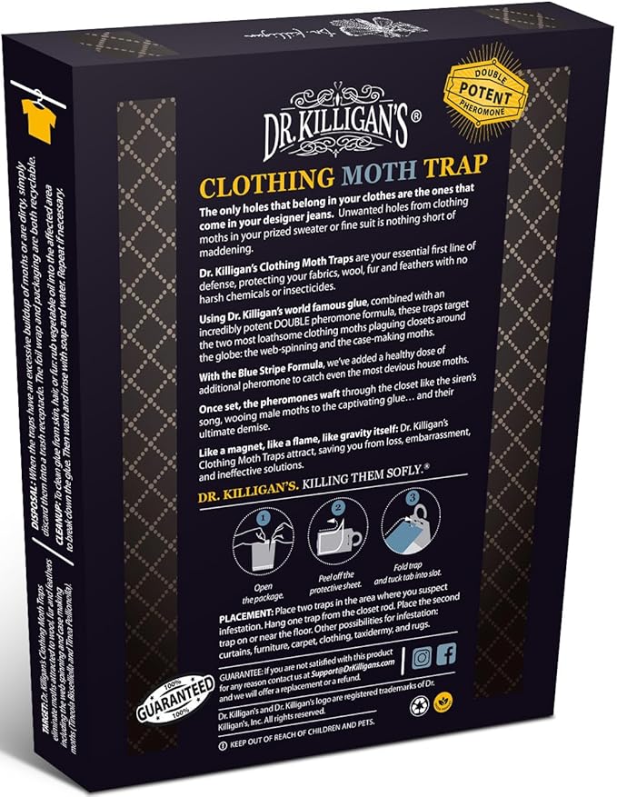 Dr. Killigan's Premium Double Potent Clothing Moth Traps with Pheromones Prime - Trap with Lure for Clothes Closets & Carpet - Case Making & Web Spinning Moth Prevention (20 Pack, Black)