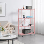 BRIAN & DANY 4-Tier Foldable Storage Shelves with Wheels, Folding Metal Rack Shelving Unit, Heavy Duty No Assembly Organizer Shelf for Garage, Kitchen, Basement, Pantry, Pink