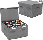 2 Pack Shoe Storage Box Fits 32 Pairs, Large Shoe Organizer with Lid and Adjustable Dividers for Closet, Shoes, Sneakers and High Heeled, Foldable and Stackable (Grey)