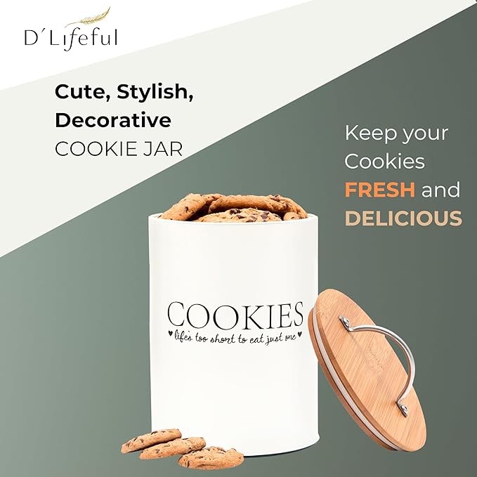 D'Lifeful Cookie Jar with Airtight Bamboo Lid – 1.1 Gallon Cute and Decorative Cookie Storage for Kitchen Countertop – Farmhouse Storage Tin for Freshness – Great Gift Idea (Off White)