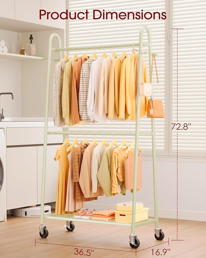 Sakugi Heavy Duty Clothes Rack, Metal Clothing Rack with Double Hanging Rods, 4 Hooks & Mesh Shelf, Freestanding Garment Rack with Triangular Design for Bedroom Closet, 36.5" x 16.9" x 72.8", Beige