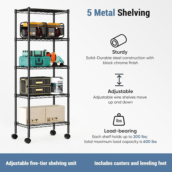 DUMOS 2 Pack 3Tier 4Tier 5 Tier Metal Shelving, Heavy Duty Shelves Wire Shelving Unit with Removable Wheel Casters, Shelves Organizer for Bathroom Garage Living Room Kitchen Pantry Laundry