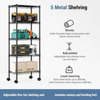 DUMOS 5 Tier Metal Shelving, Heavy Duty Shelves Wire Shelving Unit with Removable Wheel Casters, Shelves Organizer for Bathroom Garage Living Room Kitchen Pantry Laundry Black