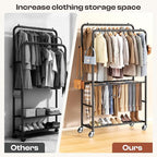 Clothes Racks for Hanging Clothes, Rolling Clothing Rack with Pants Rack, Side Hooks & Shoe Shelf, Portable Garment Rack for Bedroom, Laundry Room, Clothing Store, Closet, Black