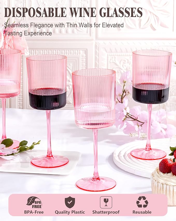 Ciaell 12 PCS Pink Plastic Ribbed Wine Glasses - 10 OZ Plastic Square Wine Glasses with Stem - Disposable Champagne Cups for Parties & Weddings & Party