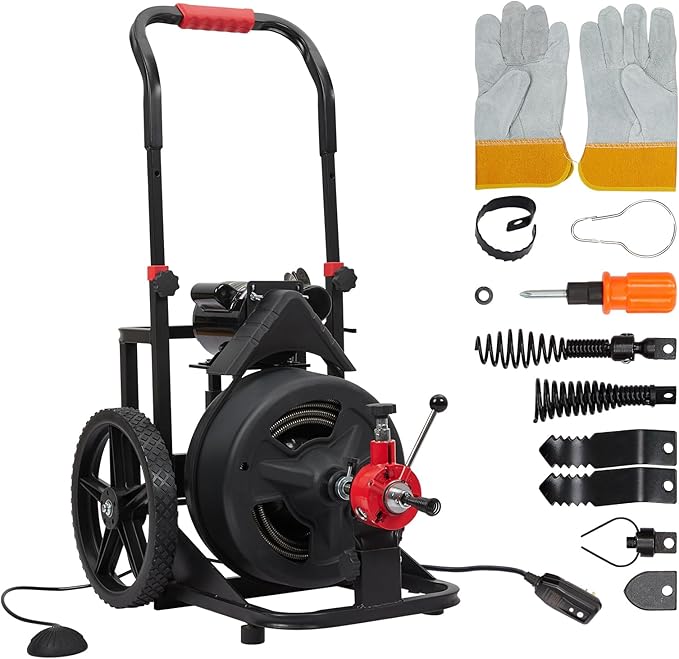 PIONEERWORKS 100Ft x 1/2 in Auto-feed Electric Drain Cleaner Machine 6.8A, Professional Drain Auger for 1” to 4” Pipes, with 6 Cutters, Glove, Drain Auger Cleaner Sewer Snake for Home/Business Use