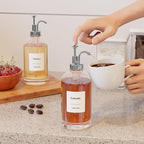 16.9 oz/500 ml Coffee Syrup Dispenser Set - 4 Glass Bottles with Silver Pumper and Syrup Labels - Precise Dispensing and Stylish Addition to Coffee Shop, Cafe or Home Bar