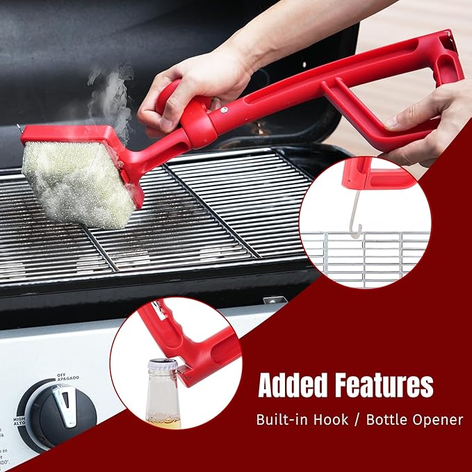 SHINESTAR Bristle-Free Griddle Cleaning Kit – BBQ Steam Grill Brush with 2 Replacement Heads & Scraper for Cast Iron & Stainless Steel Grates,Excellent Grill Tools, Red