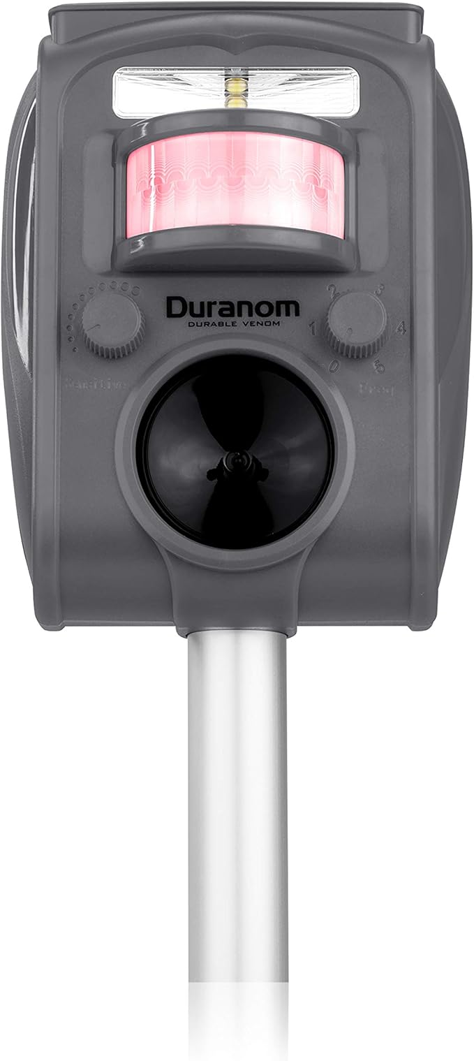 DURANOM Ultrasonic Animal Repeller – Solar Powered Outdoor Deterrent with Flashing Light & Motion Sensor – Repels Deer, Cats, Rodents, Raccoons – Animal Control for Yard & Garden