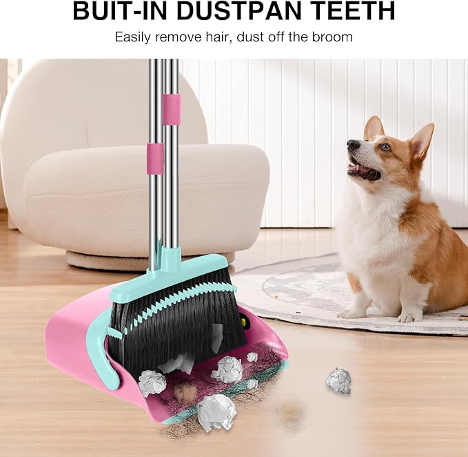 Broom and Dustpan Set, 52-in Long Adjustable Handle Broom Dustpan Combo with Dust pan Teeth to Automatically Clean Hair Suitable for Home Kitchen Office Hall Floor（Pink&Blue）