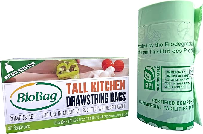 13 Gallon Compostable Drawstring Trash Bags by BioBag, 40 Count, BPI Certified, Meets ASTM D6400 Standards, Easy-Tie Kitchen Liners