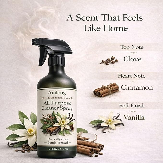 Ainlong Clove Cinnamon Vanilla All Purpose Cleaner Spray – Multi-Surface Formula for Kitchen, Bathroom, Countertops & Modern Home Care – 16 fl oz (1, 473ml)