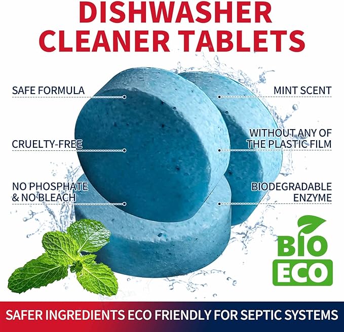 Dishwasher Cleaner Tablets 90 Counts Mint Fresh Tabs Deep Cleans inside 360° Grease Limescale Cleaning More Active Eco Friendly Plastic Free Long Lasting,Cleans The Machine Not The Dishes