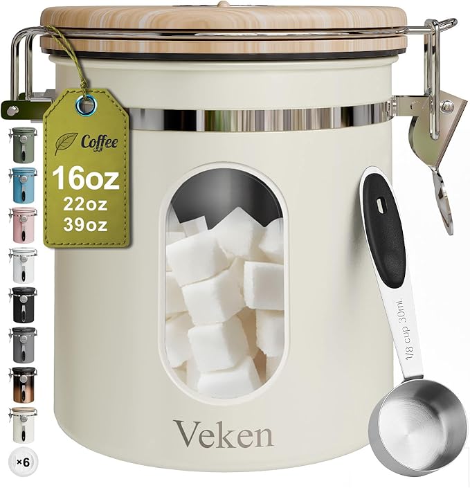 Veken Coffee Sugar Canister with Window, Airtight Stainless Steel Kitchen Food Storage Container with Lids, Date Tracker and Scoop for Grounds Coffee, Beans, Tea, Flour, Cereal Jars, 16OZ, Cream
