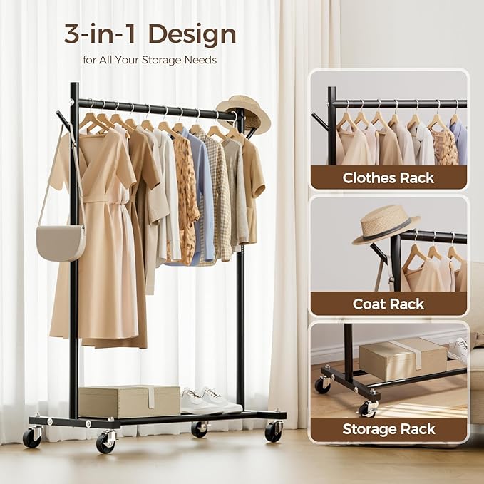 Clothes Rack, 3-in-1 Clothing Rack for Hanging Clothes, Rolling Garment Rack with Coat/Hat Hooks, Portable Coat Rack, Sturdy Wardrobe Rack Metal Closet Rack 280LBS for Bedroom Living Room, Black