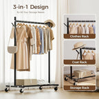 Clothes Rack, 3-in-1 Clothing Rack for Hanging Clothes, Rolling Garment Rack with Coat/Hat Hooks, Portable Coat Rack, Sturdy Wardrobe Rack Metal Closet Rack 280LBS for Bedroom Living Room, Black