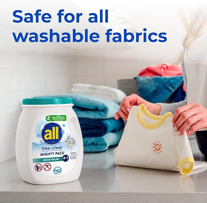 All Mighty Pacs Laundry Detergent Free Clear Odor Relief, Tub, 56 Count