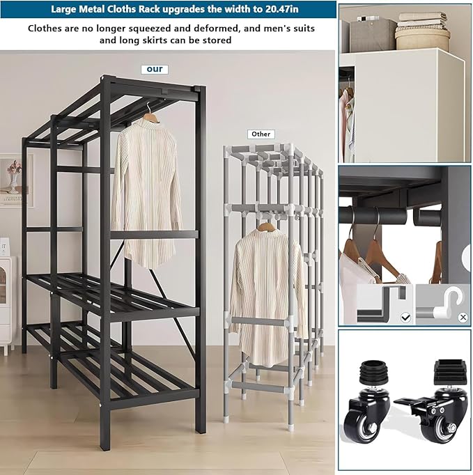 Heavy Duty Covered Clothes Rack with Magnetic Door Foldable Portable Wardrobe Closet for Hanging Clothing Rolling Black Metal Garment Rack on Wheels Closet System (White, 70.89in)