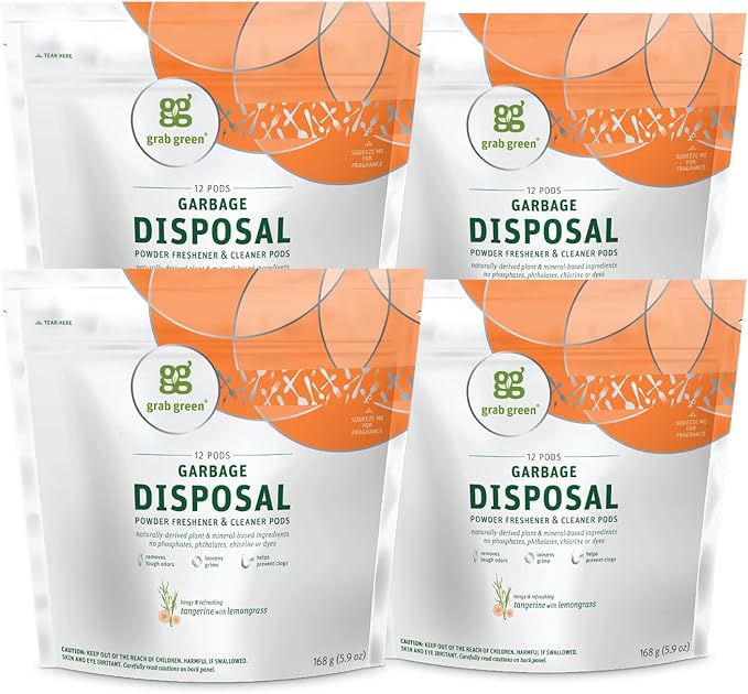 Grab Green Garbage Disposal Freshener and Cleaner Pods, 48 Count, Tangerine Lemongrass Scent, Plant and Mineral Based, Removes Odors, Loosens Grime, Prevents Clogging