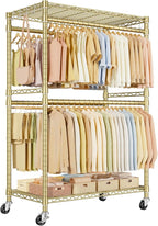 ULIFHOME P4 Plus Rolling Clothes Rack Heavy Duty, Clothing Racks for Hanging Clothes, Free Standing Garment Racks with Wheels, Portable Closet Rack 45'' W × 20.5'' D × 80.5'' H, Max Load 570 Lbs, Gold