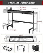 Sakugi Over The Sink Dish Drying Rack, Expandable 2-Tier Stainless Steel Kitchen Storage Organization Accessories for Countertop, Rustproof & Space-Saving, 30"–34.5" L x 12" W x 25" H, Black
