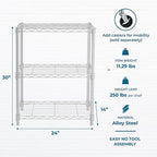 Honey-Can-Do 3-Tier Heavy-Duty Adjustable Shelves, Metal Storage Rack with 250-lb Shelf Capacity, White, 14" W x 24" L x 30" H