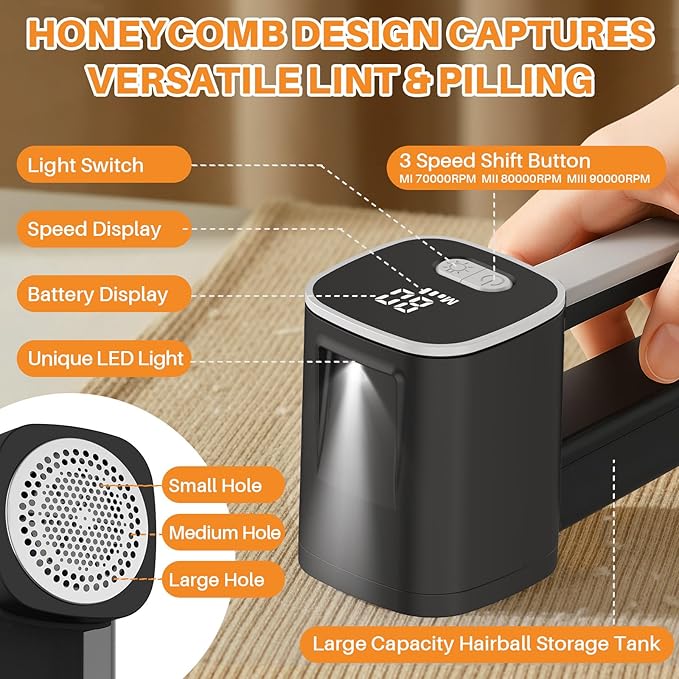 Rechargeable Fabric Shaver, Electric Lint Remover Sweater Shavers to Remove Pilling Fuzz & Pilling from Clothes Couch Furniture 3-Speed, 6-Leaf Blade, LED Display, USB Charging