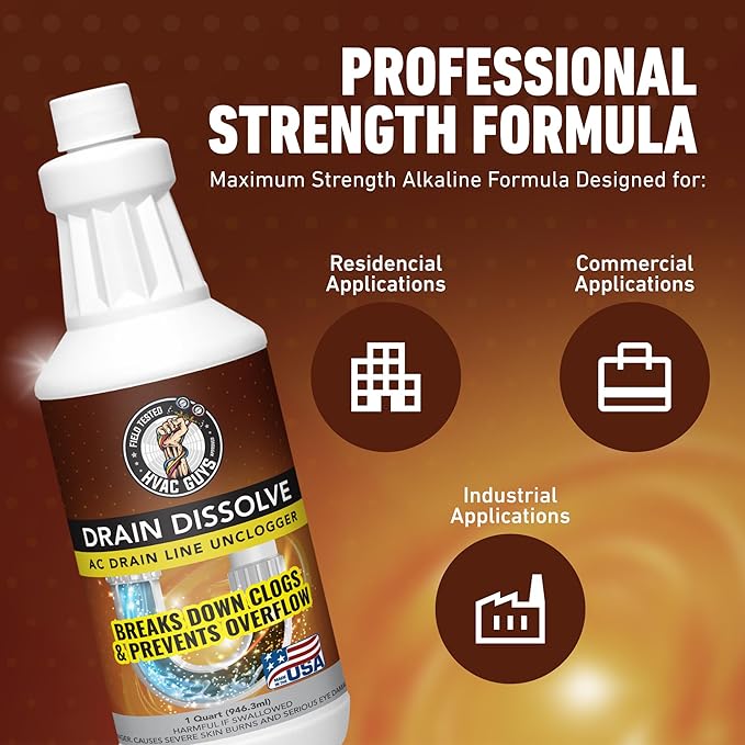 Drain Dissolve | AC Drain Line Cleaner & Unclogger | Heat-Activated Alkaline Gel Clears Hair, Grease, Gunk, 1 Quart (946.3 ml)