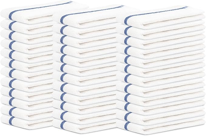 STF Linen Bar Mops Blue Stipe Pack of 36 Kitchen Towels 16x19 Multi-Purpose for Home, Restaurant and Cleaning White Absorbent Washcloth Dishcloths Sets, Reusable Dish, Cloths Rags