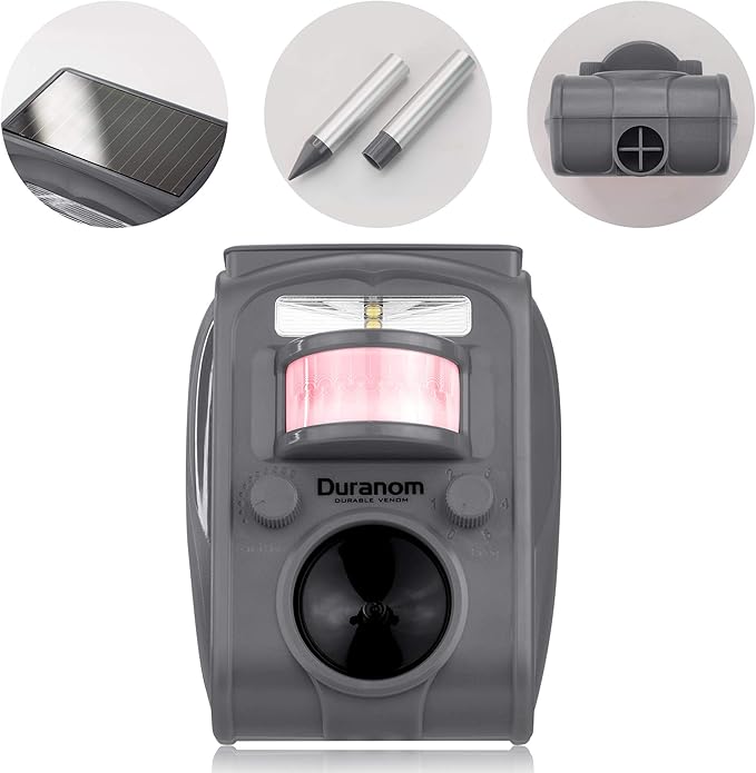 DURANOM Ultrasonic Animal Repeller – Solar Powered Outdoor Deterrent with Flashing Light & Motion Sensor – Repels Deer, Cats, Rodents, Raccoons – Animal Control for Yard & Garden