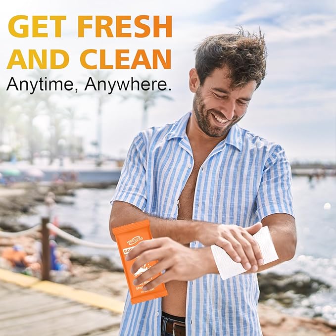 300 Pcs Ultra Thick Soft Large Body Wipes Individually Wrapped(7.87" x 9.45"),Shower Wipes for Adults Bathing No Rinse,Personal Cleansing Wipes for Travel Gym,Bulk Deodorant for Homeless(Orange)