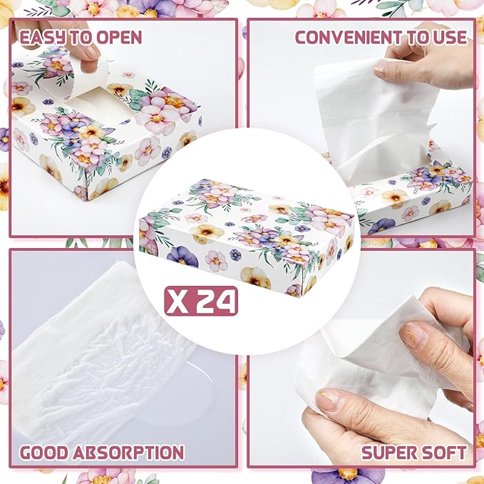 Yinder 24 Packs 960 Sheets Tissue Cube Car Facial Boxes Disposable Facial Travel Tissues Holder Soft Watercolor Boxes 2 Ply 40 Sheets for Wedding Household Car Kitchen Bathroom(Flower)