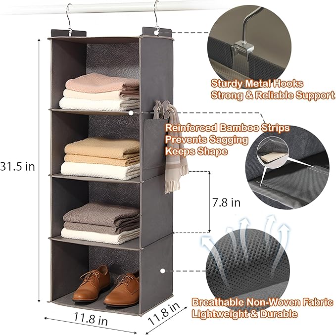 Hanging Closet Organizer 4 Shelf - Hanging Cube Organizer with Pockets, Sweater Shoe Storage, Max Storage for RV Closet, Grey (1)