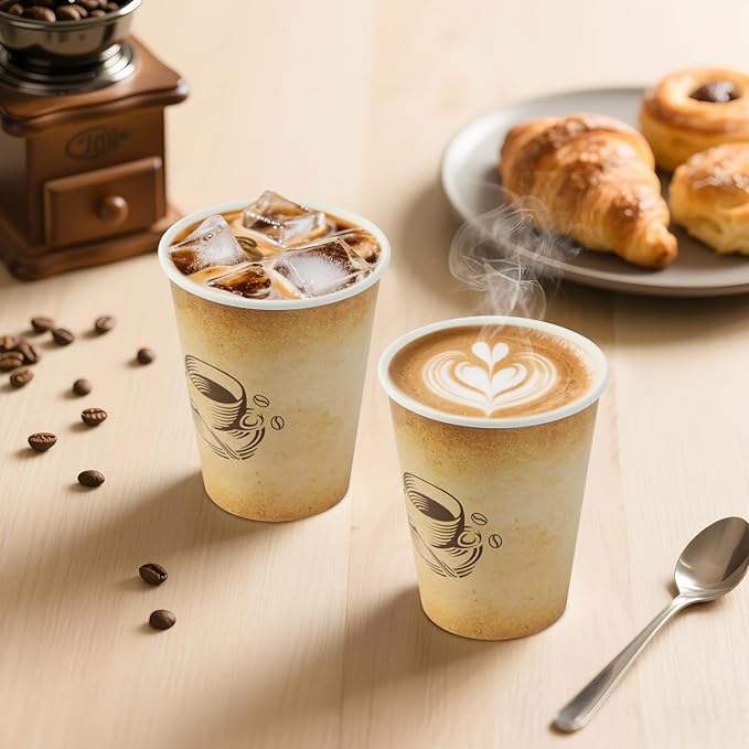 12 oz 1000 Pack Disposable Paper Coffee Cups, Hot/Cold Beverage 12oz Disposable Coffee Cups, Retro Design, Leak-Proof, Hot or Cold Drink, Cocoa, Chocolate, Coffee Bar Supplies