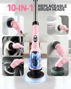 Electric Spin Scrubber, 3-Speed Cordless Shower Scrubber with Long Handle & 10 Replaceable Brush Heads, 90 Mins Runtime & Full-Body IPX7 Waterproof Shower Cleaner Brush for Bathroom Kithchen