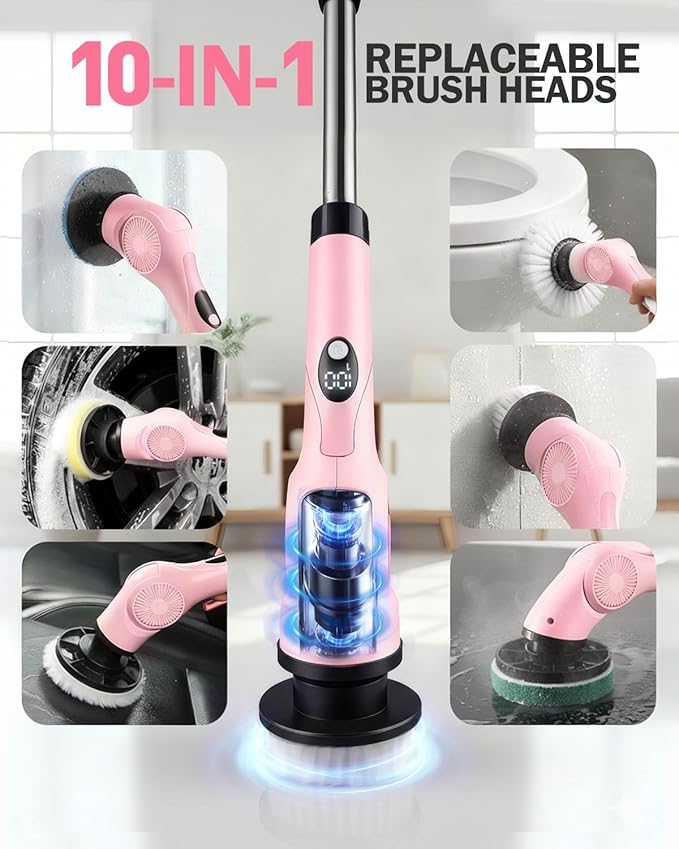 Electric Spin Scrubber, 3-Speed Cordless Shower Scrubber with Long Handle & 10 Replaceable Brush Heads, 90 Mins Runtime & Full-Body IPX7 Waterproof Shower Cleaner Brush for Bathroom Kithchen