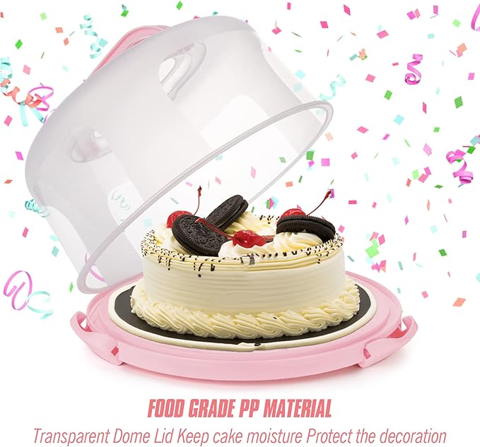 Zoofen Plastic Cake Carrier with Handle 10in Cake Holder Cake Stand with Lid Pink Cake Container for 10in Cake Round Cake Carrier for Transport
