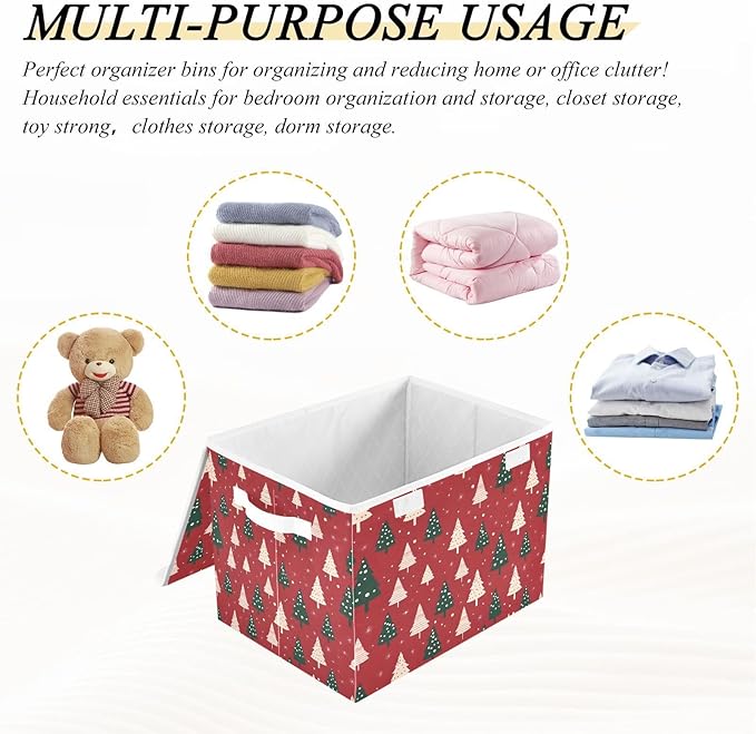 Large Storage Bins with Linen Collapsible Foldable Storage Cubes Fabric Closet Organizer Containers box with Flip-Top Lid for Home Bedroom Office 16.7 x 12.6 x 11.8in (Linen-red Christmas Trees)