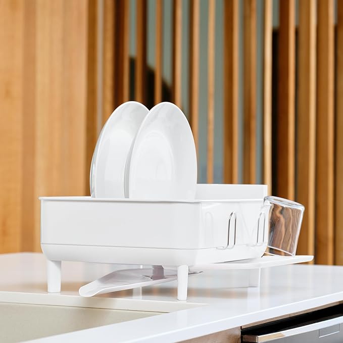 simplehuman Compact Dish Drying Rack with Stainless Steel Frame, 360º Easy Drain Swivel Spout, Utensil Holder, Anti-Residue Coating, Moisture Control Surface, White