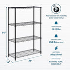 Honey-Can-Do 4-Tier Heavy-Duty Adjustable Shelves, Metal Storage Rack with 250-lb Shelf Capacity, Black, 14" W x 36" L x 54" H