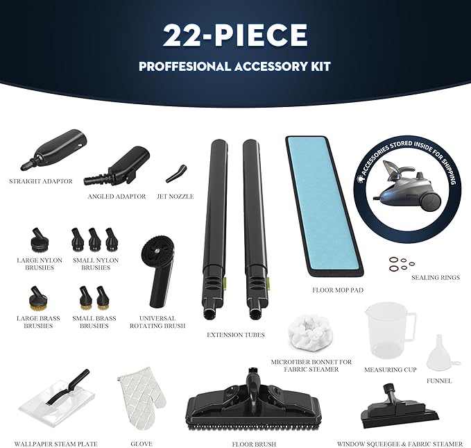 Heavy-Duty Steam Cleaner - 1500W Multipurpose Handheld Floor Steamer with 22 Accessories 16ft Cord for Home, Car Detailing, Tile, Grout, Carpet, Wallpaper, Upholstery, Window, Deep Cleaning