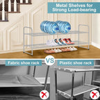 AOODA 2 Tier Long Metal Shoe Rack for Closet Wide Stackable Shoe Storage Organizer 18-Pairs Low Small Sneaker Rack for Entryway, Bedroom, Garage, Grey