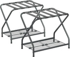 Set of 2 Foldable Gray Luggage Rack Stands with Storage Shelves – Heavy Duty Metal Suitcase Holders, 150 lbs Top, 50 lbs Bottom Each, Fits 20”-28” Luggage – Guest Room, Bedroom, Hotel LR-GY-2