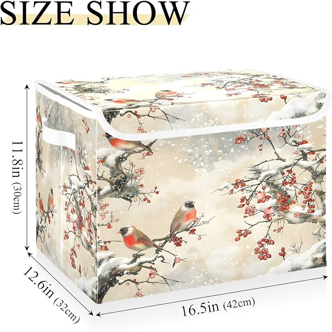 Large Storage Bins with Linen Collapsible Foldable Storage Cubes Fabric Closet Organizer Containers box with Flip-Top Lid for Home Bedroom Office 16.7 x 12.6 x 11.8in (Pattern Color Bird Tree Fruit)