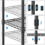 Homdox 5 Tier Metal Storage Shelves with Wheels, Heavy Duty Wire Shelving Unit, Adjustable Storage Racks with Side Hooks for Bathroom Kitchen Garage Pantry Organization, Black