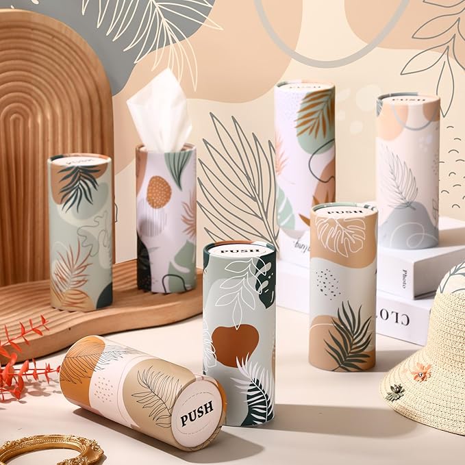 Outus 12 Pcs Car Tissues Cylinder Holder with 3 Ply Facial Tissue Bulk Black White Round Tissue Holder Travel Tissues Boxes Container for Car Cup Wedding Birthday Party(Boho 1)