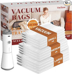 Vacbird Travel Vacuum Storage Bags with Rechargeable Cordless Pump, 12 Pack Vacuum Seal Bags for Clothing(4 Large+4 Medium+4 Small), Compression Packing for Clothes Suitcase Luggage Blanket Pillows
